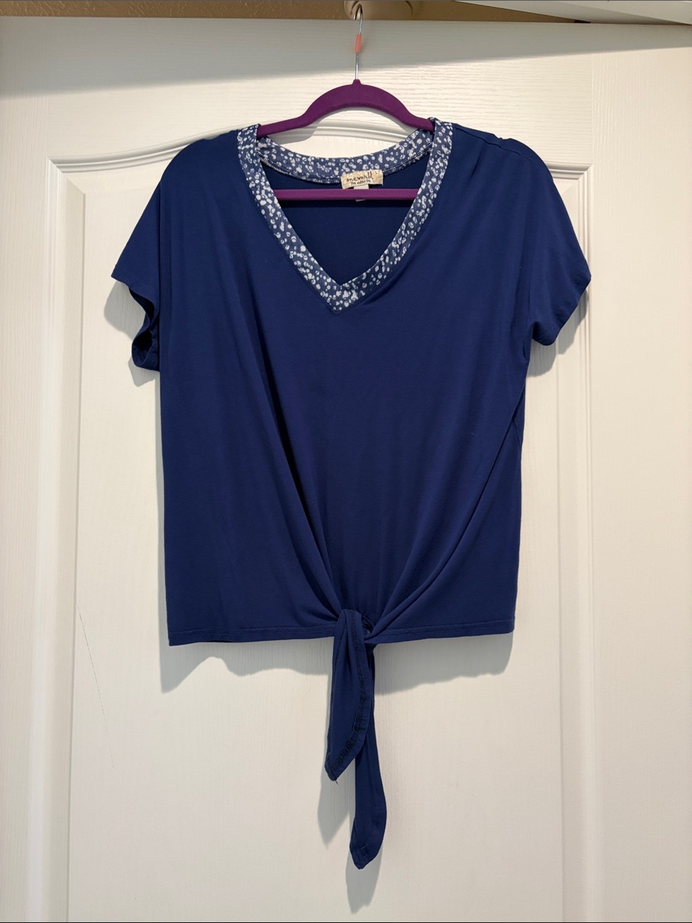 ONE WORLD Navy V-Neck Tie-Front Crop Top with Floral Trim